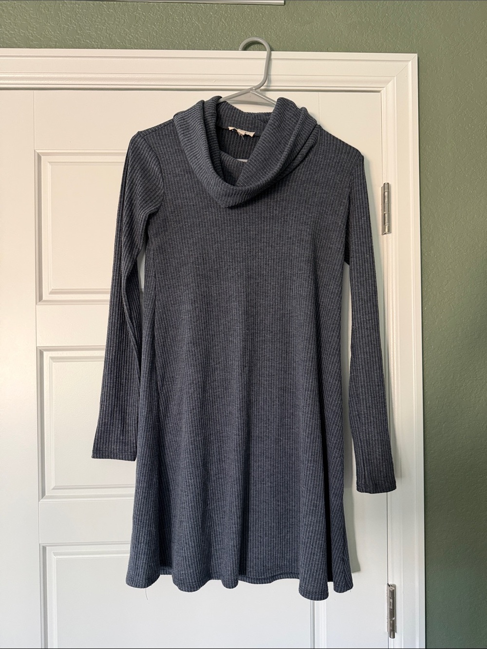 Socialite Slate Blue Ribbed Cowl Neck Long Sleeve Dress